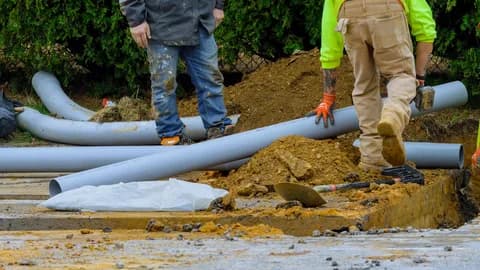 Vakmensen werken met grijze afvoerbuizen naast een open sleuf