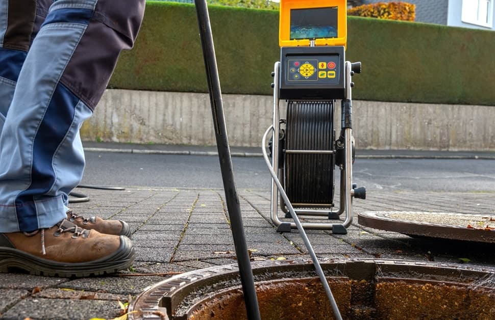 Inspectiecamera met kabelhaspel bij een geopende rioolput
