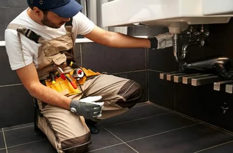 Loodgieter werkt aan de afvoeraansluiting onder een wastafel