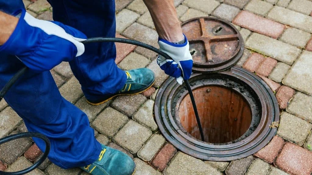 Vakman brengt een reinigingsslang in een geopende rioolput