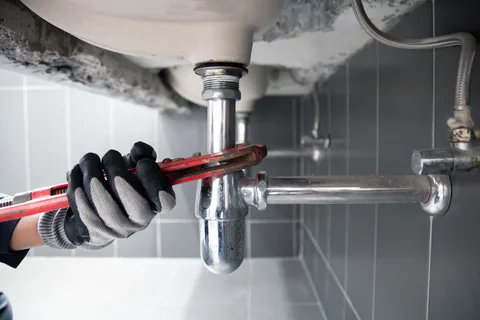 Gehandschoende hand met een tang bij de sifon onder een wastafel