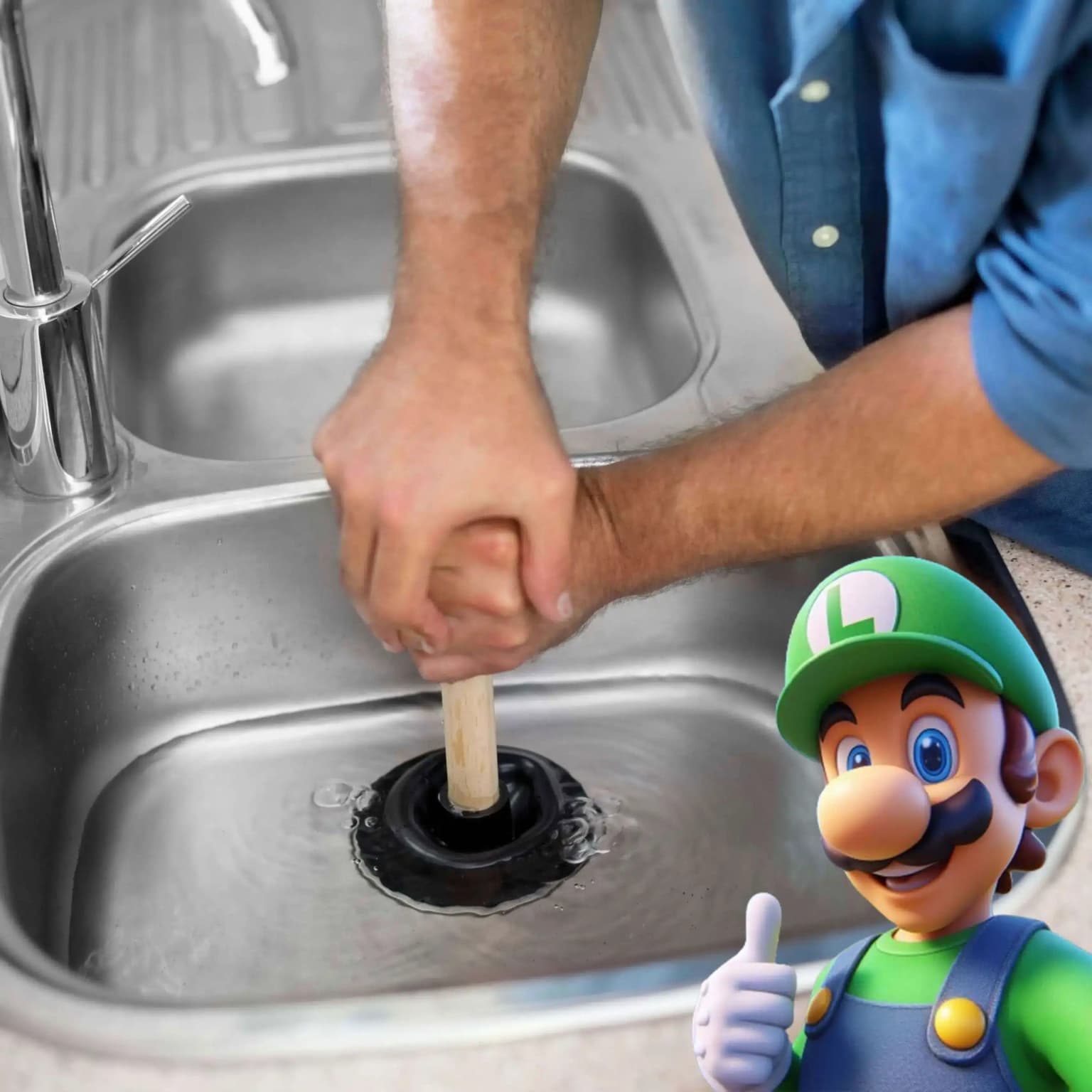 Luigi ontstopt een gootsteen