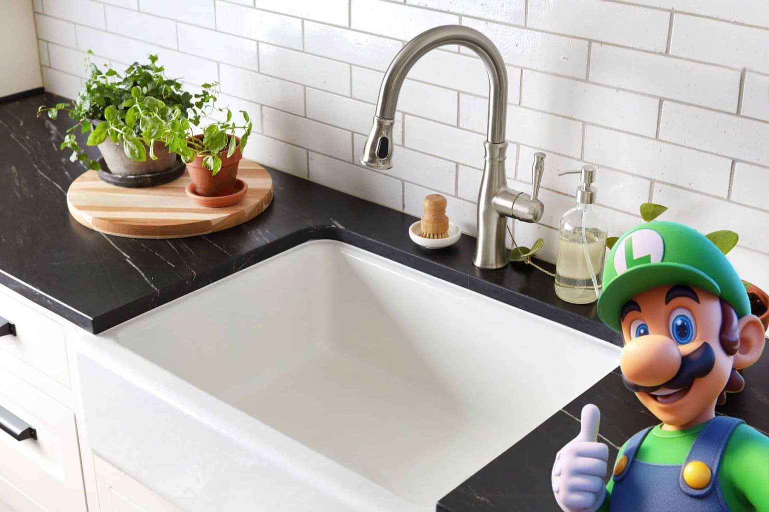 Luigi ontstopt een wasbak