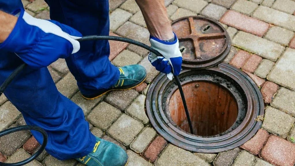 Vakman ontstopt een riool met een veer via de rioolput